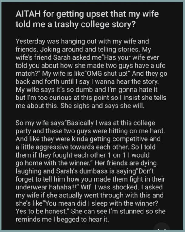 reddit story about man angry about his wife's trashy college years