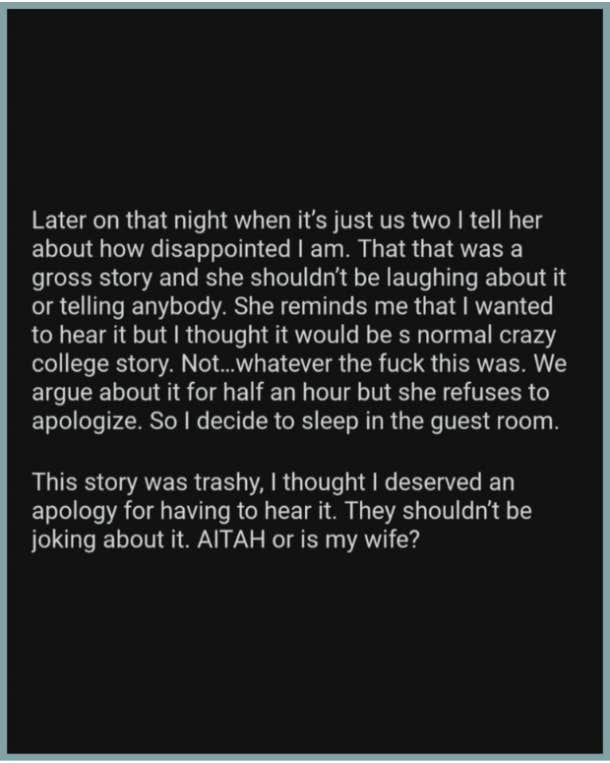 reddit story about man angry about his wife's trashy college years