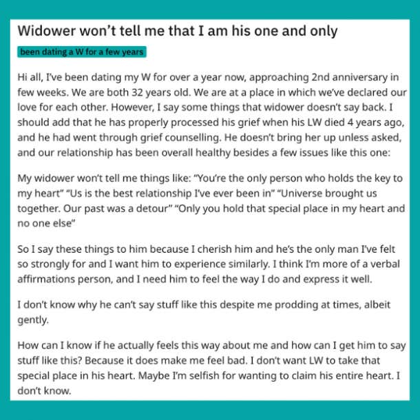 woman dating a widower upset he won't call her his one and only