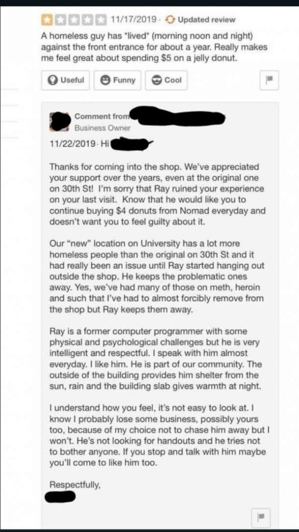 restaurant owner one-star review response about homeless person