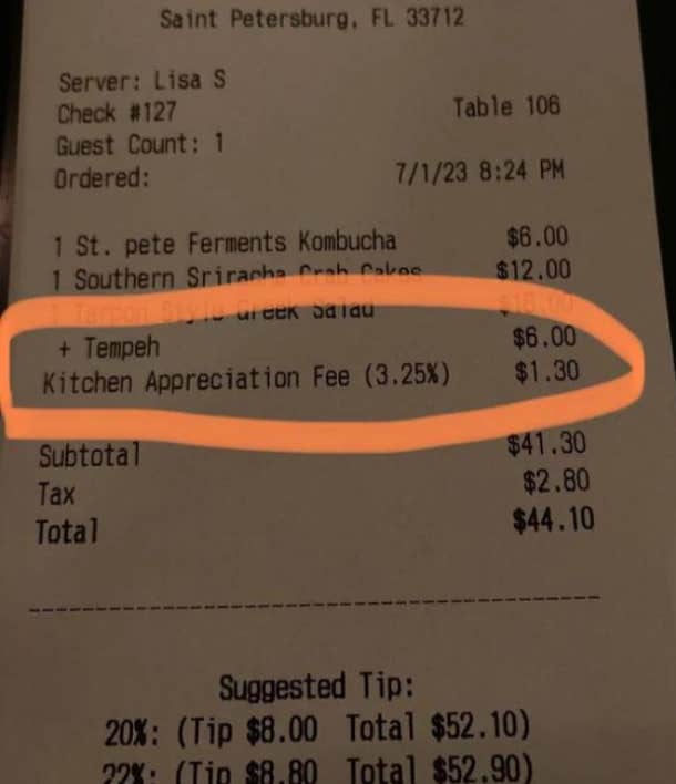restaurant receipt showing kitchen appreciation fee