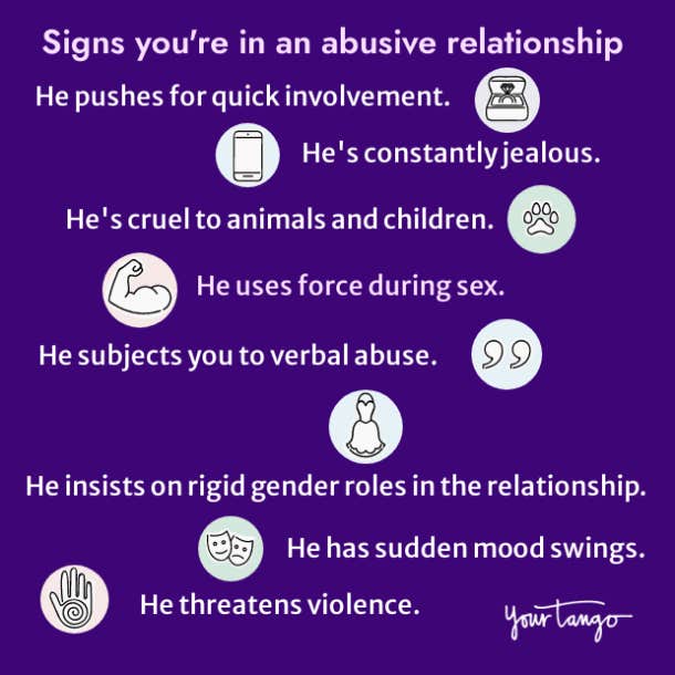 graphics and list of signs of an abusive relationship on purple background