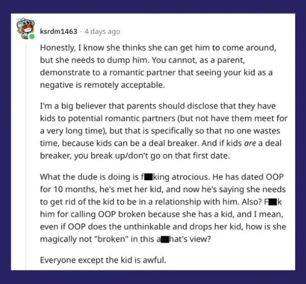 comments on reddit post from mom whose boyfriend asked her to put her child up for adoption
