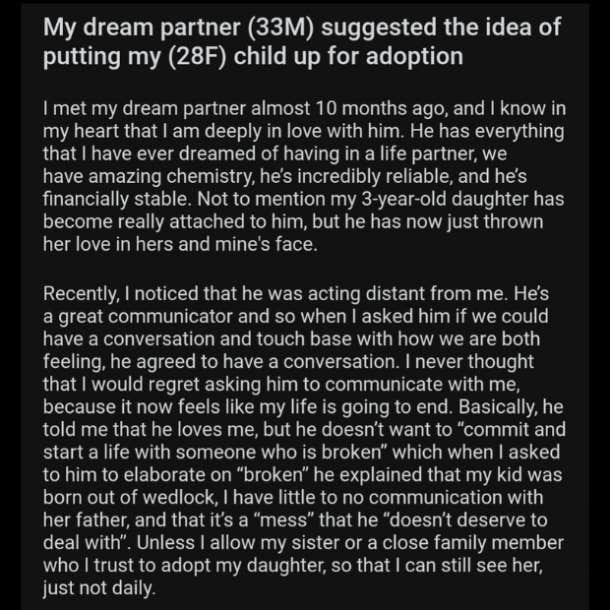 screenshot from reddit story about mom whose boyfriend asked her to put her child up for adoption