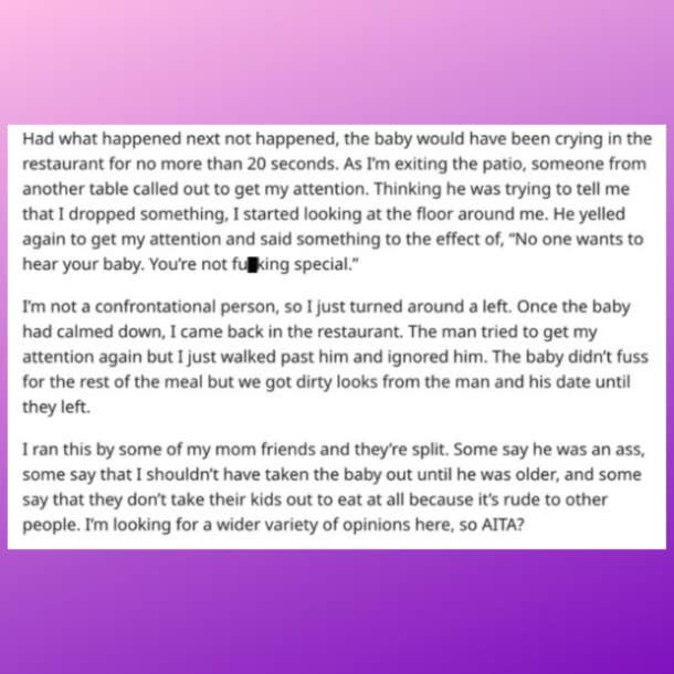 man yells at woman for bringing screaming baby into restaurant