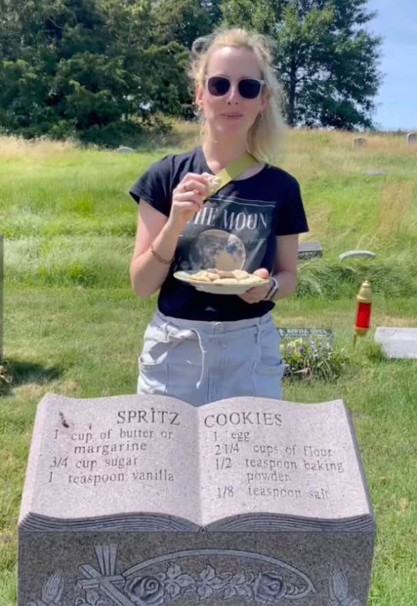 TikToker enjoying one of the many recipes carved into gravestones she's found