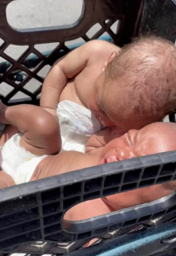 concerned people find twins in womans bike milk crate