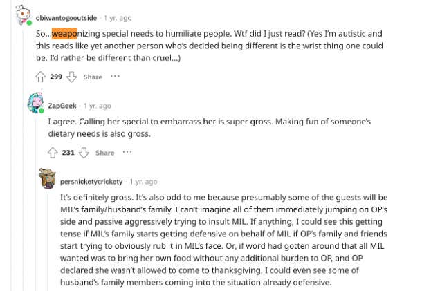 reddit comments on woman uninviting mother in law from thanksgiving for being a picky eater