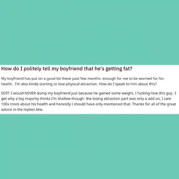 woman asks advice on how to tell boyfriend he gained weight