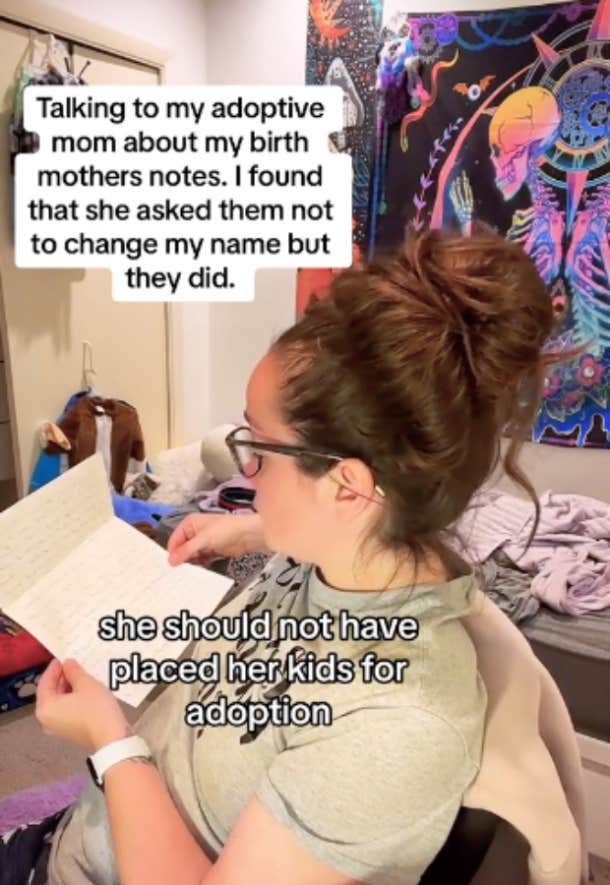 TikTok user reads her biological mother's notes while discussing the details of her adoption with her adoptive mother.