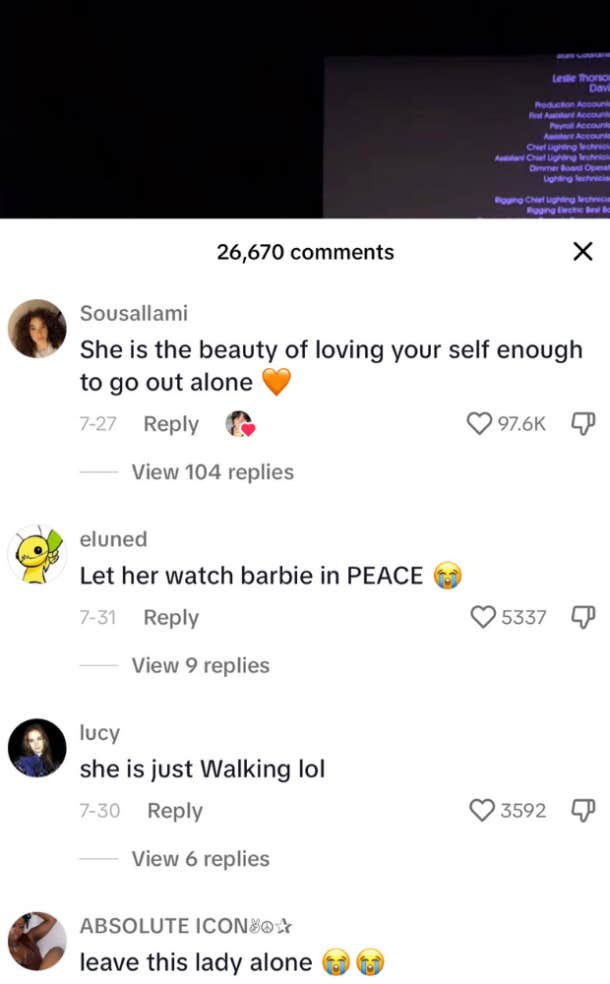 comment on tiktok about woman going to the movies alone