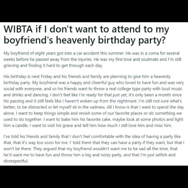 woman wants to grieve boyfriend in her own way after being asked to attend heavenly birthday party