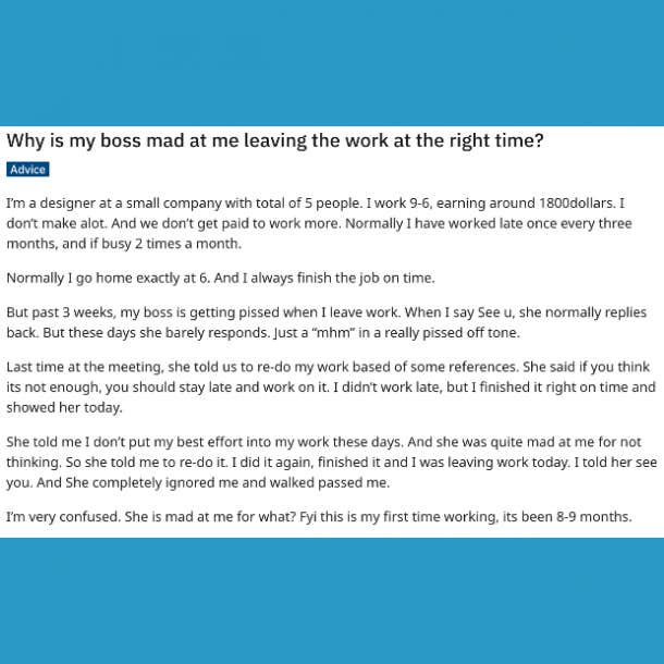 worker confused about her boss's reaction when she leaves work on time