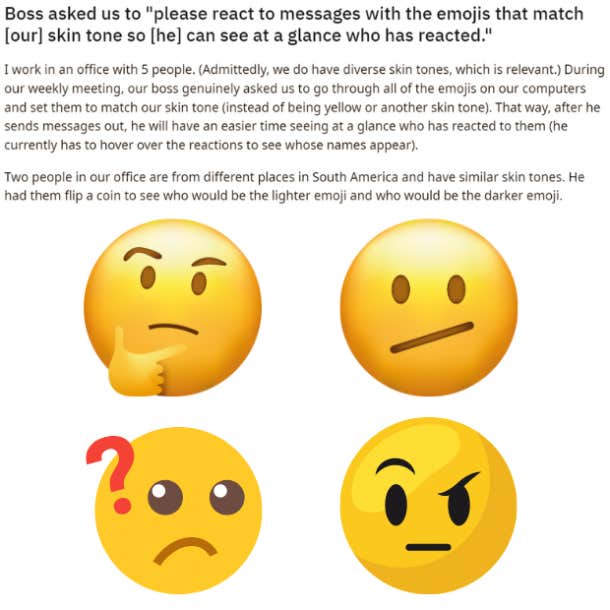 boss asks workers to use emojis that match their skin tone