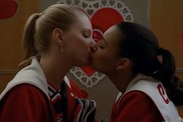 15. Heather Morris and Naya Rivera as brittany and santana kissing on glee