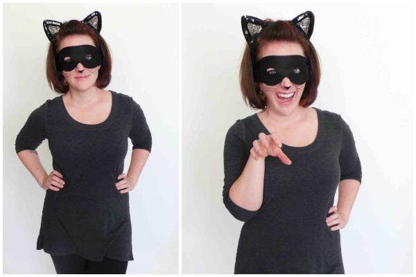 <b> Catwoman</b><br>
With my toddler going as Batman and my husband dressing us as Robin, it seemed only appropriate I dress as a modest, comfortable and less latex-covered Catwoman. Meow.
Accessories: Black Mask, Kitty Ears, And Black Eyeliner For Nose And Whiskers