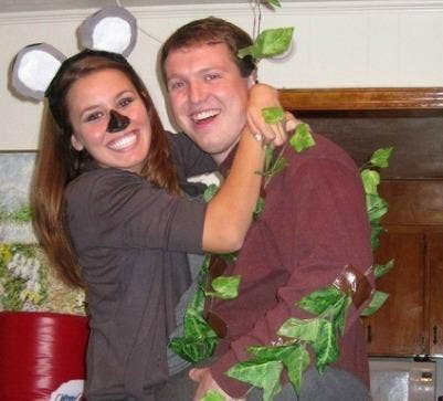 <strong>Koala & Tree</strong></a><br />
This dual costume idea is the perfect excuse for you two to cuddle all night — since you're the koala climbing his tree! Wear a grey sweatshirt and dark skinnies (you probably have both of these already). Smudge your nose with black makeup. Next, cut two "ears" out of a paper plate, color them grey and paste or tape them to a headband. For him, collect a bunch of fallen leaves and tape them to an earth-toned shirt (aka the trunk) so that he looks like a tall tree. Curl up in his embrace!</p> http://www.pinterest.com/pin/178525572702464535