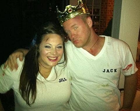 <strong>Jack & Jill</strong></a>
You know how the nursery rhyme goes ... so why not go as this classic duo? You both wear two white T-shirts. (Wrinkled and dirty? Even better!) And write the names "Jack" and "Jill" on them. Use makeup to draw fake cuts and bruises on your arms and faces. Bonus points if he can get his hands on a plastic party crown! http://www.pinterest.com/pin/254453447670114813/