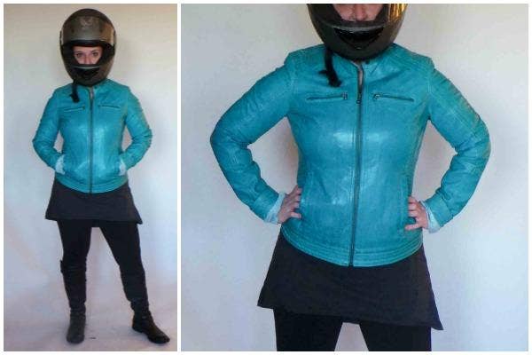 <b> Motorcycle <i>Chic</i> Chick</b><br>
Why own a moto-inspired jacket and mot- inspired boots if you can't use them to dress up as an actual motorcycle rider? Bonus: the helmet drowns out all the noise your kids make as they fight over who got more candy. Accessories: Leather Jacket, Boots And Helmet