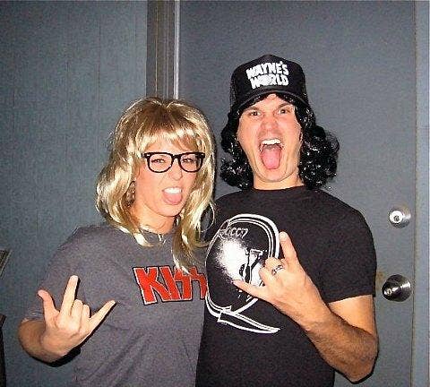 <strong>Wayne Campbell and Garth Algar</strong></a></p>
All you need to transform into this gnarly duo is a pair of T-shirts (those 90s band shirts you haven't worn in ages will be perfect for this), his trucker cap, a nerdy pair of glasses ... and attitude! This is one idea he won't roll his eyes at and hey, it'll be fun to bro out with him! Don't forget to sing along together: "Wayne's World! Wayne's World! Party time! Excellent!" wayne and garth