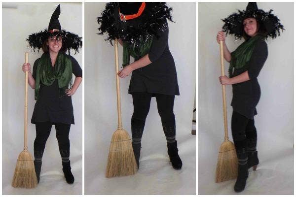 <b> Basic Witch</b><br>
Assuming you have a witch hat lying around your house (I mean, who doesn't?) throw that bad boy on with an all black outfit, carry your kitchen broom and cackle mercilessly at your family the entire night.<br><br>
Done.<br><br>
(You can also add a black cat! YAY CATS!) Accessories: Witch Hat, Broom, Green Scarf, Boots