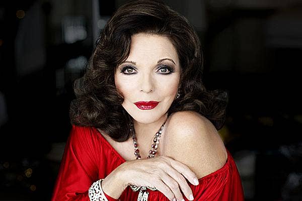 Joan Collins red dress and lipstick