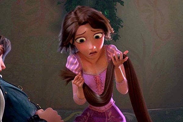 Rapunzel with brown hair and Flynn the bandit in Disney&#039;s Tangled, Disney princess, Disney love, Disney Rapunzel, Disney, Disney cartoons, Disney princesses, love lessons, love, Rapunzel brown hair, tangled brown hair, tangled cut hair, rapunzel hair cut,