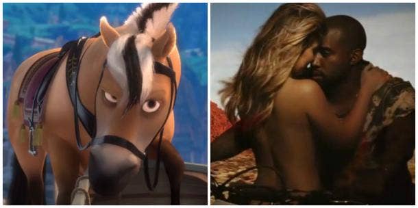 Sitron of &#039;Frozen,&#039; Kim Kardashian and Kanye West riding a motorcycle in the &#039;Bound 2&#039; video