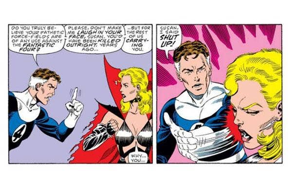 Super Dysfunctional Superhero Couples: Reed Richards and Sue Storm Of &quot;Fantastic Four&quot; in an image from the comic books