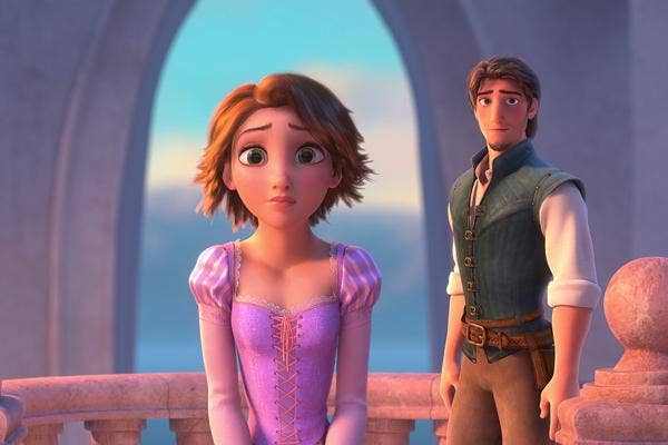 Rapunzel with brown hair and Flynn the bandit in Disney&#039;s Tangled, Disney princess, Disney love, Disney Rapunzel, Disney, Disney cartoons, Disney princesses, love lessons, love