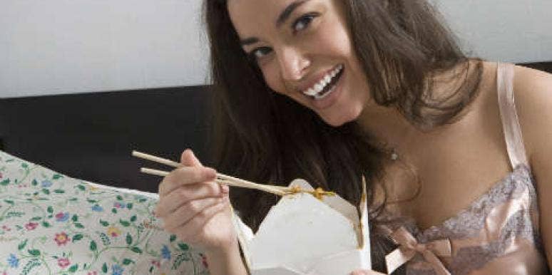 woman woman eating chinese food