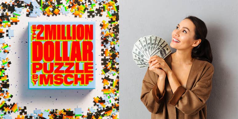 Complete The 2 Million Dollar Puzzle & Scan The Code To Win 2 million dollar puzzle box and woman holding money