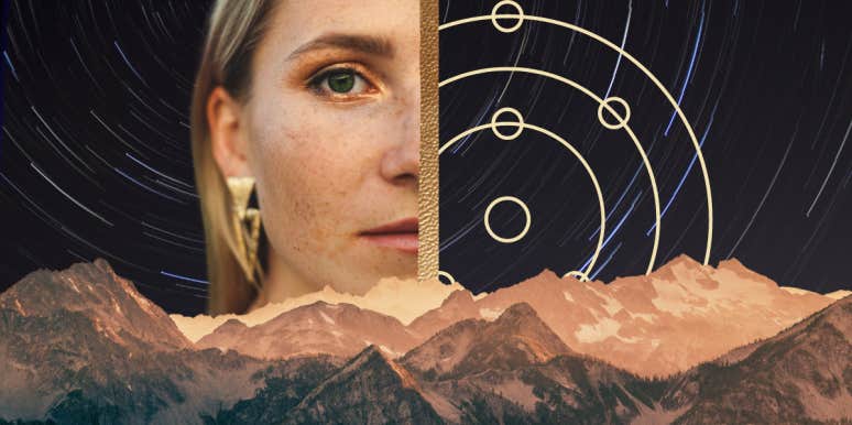 mountainscape, woman's face, planetary orbit