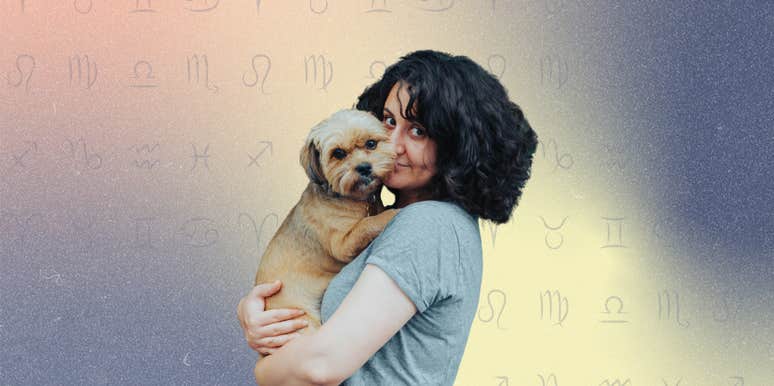 woman holding a small dog breed with zodiac signs