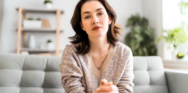 Woman using dangerous words in couples therapy. 