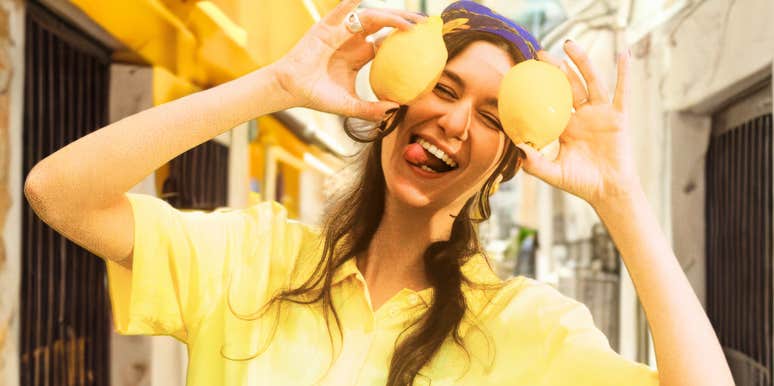 Extroverted woman with a lemon. 