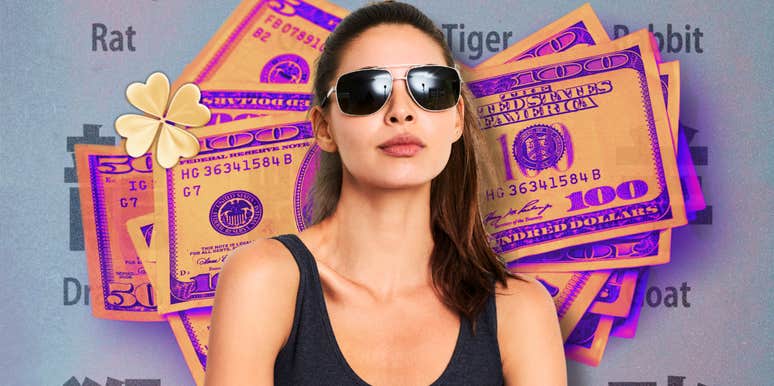 Woman in front of Chinese zodiac signs and stacks of money attracting wealth and abundance on December 5, 2025