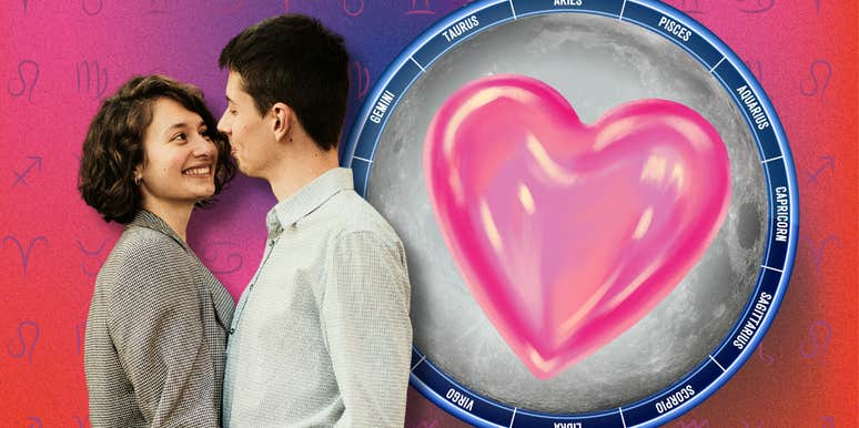 couple standing in front of a zodiac wheel with a pink heart and full moon, representing love horoscopes for December 4, 2025