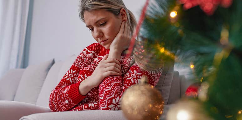 mom who is sad on Christmas because she's grieving the loss of her dad