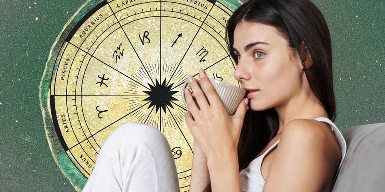 Woman sitting on a couch alone with a zodiac wheel behind her, representing zodiac signs who prefer being alone