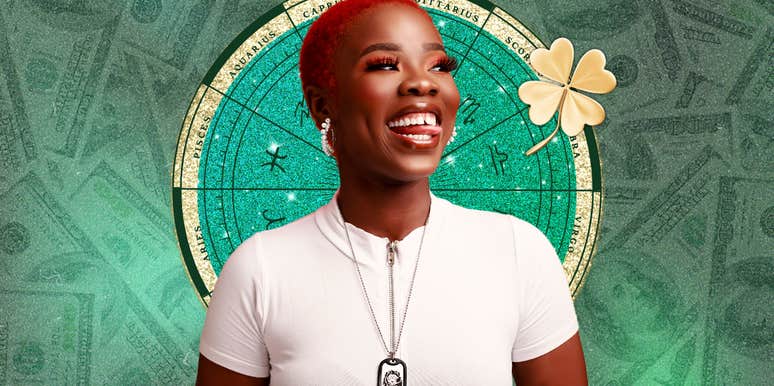 Smiling woman with a green zodiac wheel and four-leaf clover behind her, representing three zodiac signs with luck and good fortune week December 8 - 14 2025