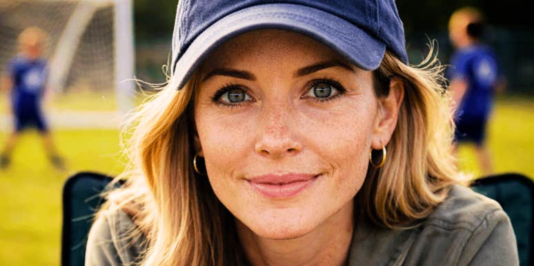 A woman wearing a baseball cap looks at the camera while sitting outdoors at a sports field.