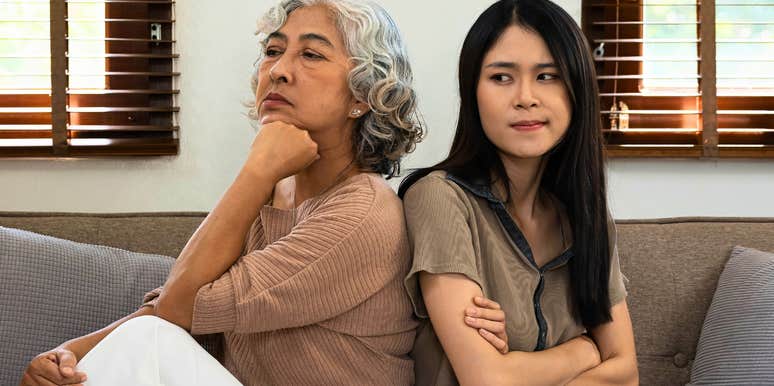 woman turned away from her mom feeling angry and resentful