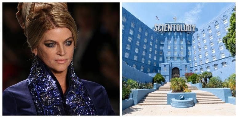 Kirstie Alley on the runway and Scientology building