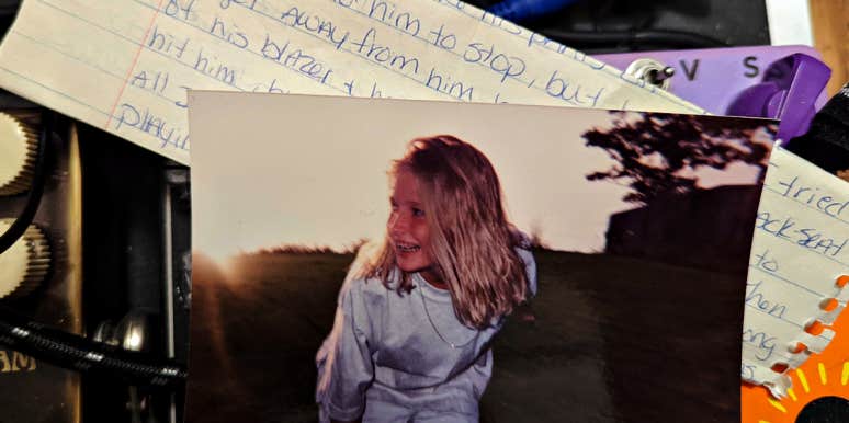 Everyday sexual harassment of teen girls 1990s old photo of Joanna Schroeder c. 1994 lying over a note written by a teen girl about her assault