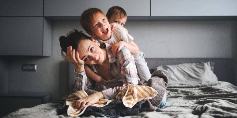 Stressed mother with her kids
