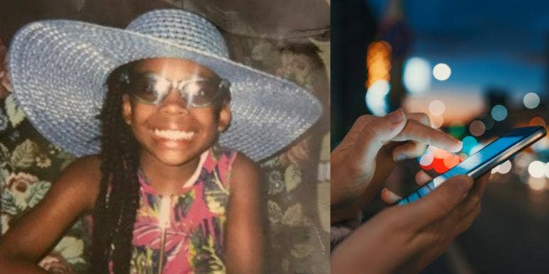10-year-old-killed-blackout-challenge Left: Nyla Anderson smiling. Right: close up of browsing social media on smart phone.