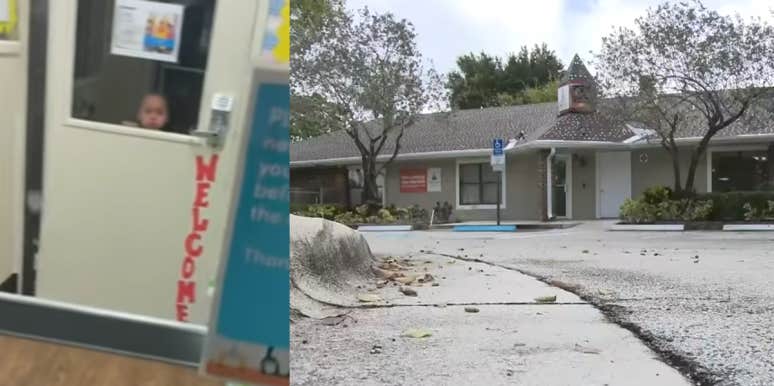 Toddler Had Been Locked Inside Dark, Empty Daycare Building And Left There Left: 2-year-old girl peers out of dark daycare window, distraught. Right: outside view of Plantation KinderCare daycare