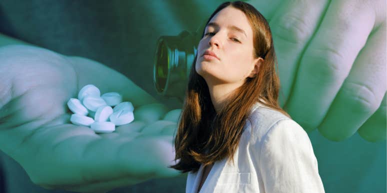 Pill bottle, woman in white jacket