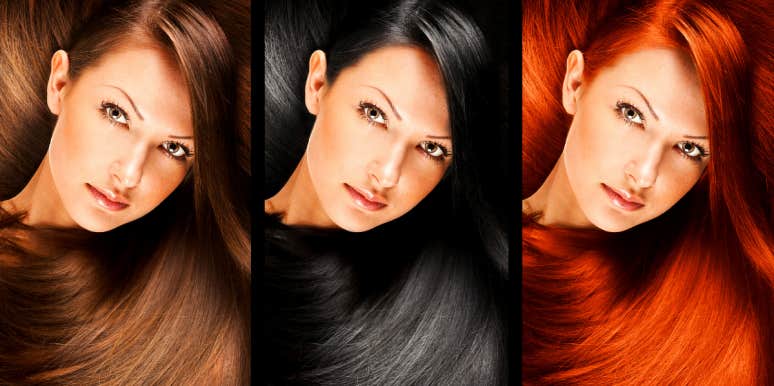 side by side images of one woman with brown, black and red hair